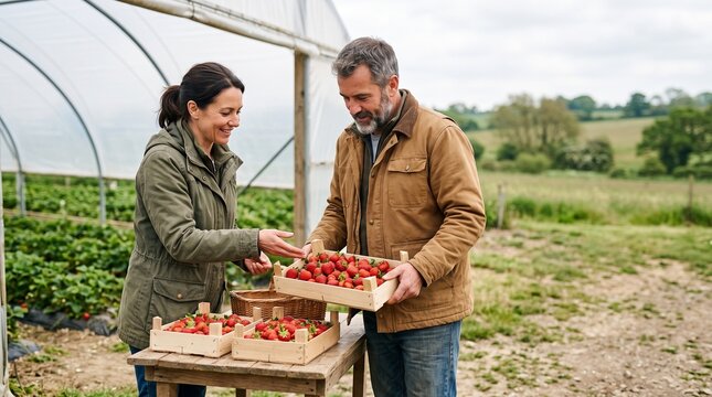 Farm team checks fresh strawberries after the seasonal harvest