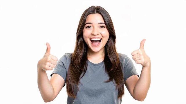 Cheerful young woman giving thumbs up with a big smile
