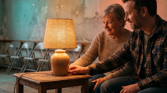 Neighbors test a repaired table lamp after a community workshop