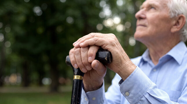 Thoughtful senior man resting his hands on a walking cane outdoors in a park
