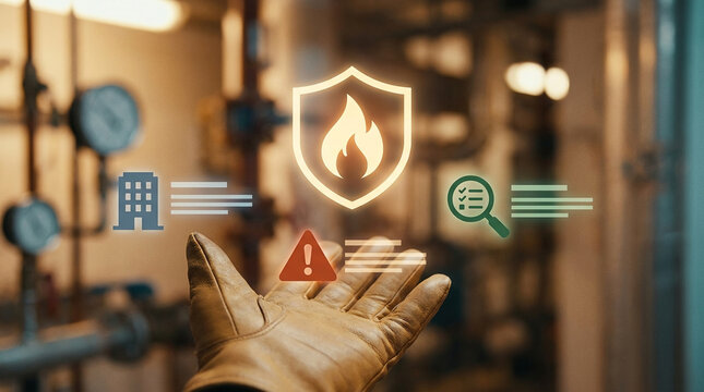 Industrial fire safety concept with worker hand holding digital icons for fire protection, inspection, and hazard warning in a blurred factory interior.