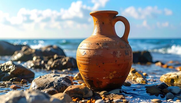 Ancient terracotta amphora sits on a rocky, sunlit shore with ocean waves behind