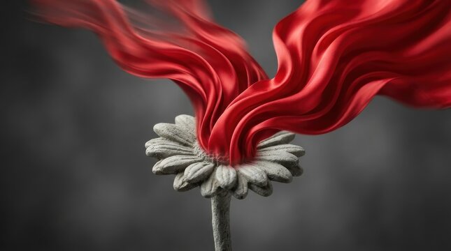Grey stone daisy flower with flowing red silk fabric