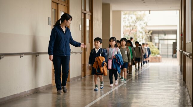 Schoolchildren walk calmly through a drill evacuation corridor
