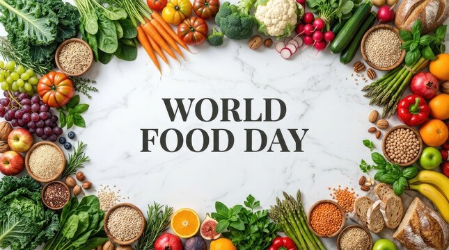 Healthy food frame of fresh vegetables, fruits, and grains with World Food Day text in center