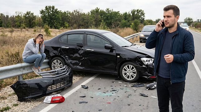 Stressed Couple Dealing With Consequences of a Damaged Vehicle After Road Accident