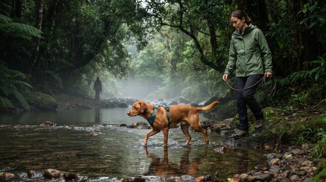 Canine response team rehearses a rainforest stream crossing