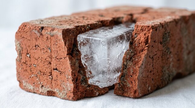 Ice cube embedded in a red brick