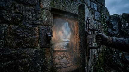 Naklejka premium Gloved hand opening an ancient stone doorway into a misty cave