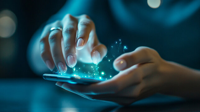 Close-up of hands using biometric smart ring while checking personal health dashboard on smartphone, modern wellness technology, clean minimal background, soft natural lighting, hi