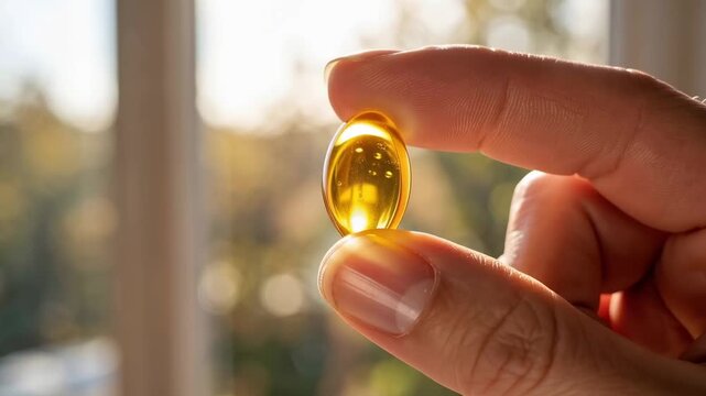 Macro tracking shot of hand rotating translucent vitamin softgel between fingers against backlit window in warm morning light for wellness and nutrition concept