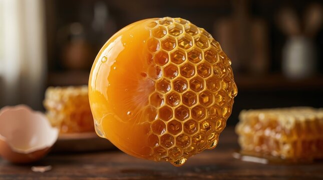 Honey dripping over a raw egg yolk in a honeycomb texture