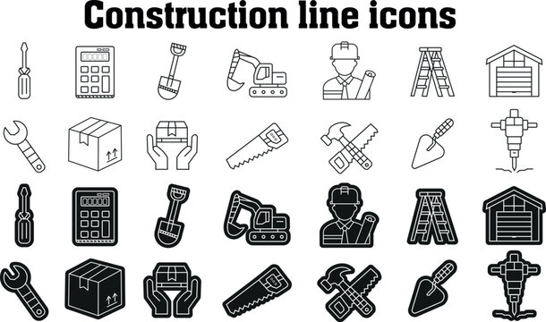 Set of various construction and industrial equipment line icons for building projects and engineering design elements