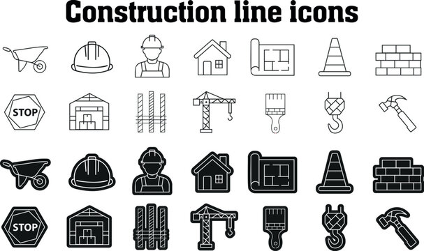 Set of construction and building industry line icons featuring tools equipment machinery and architectural design elements