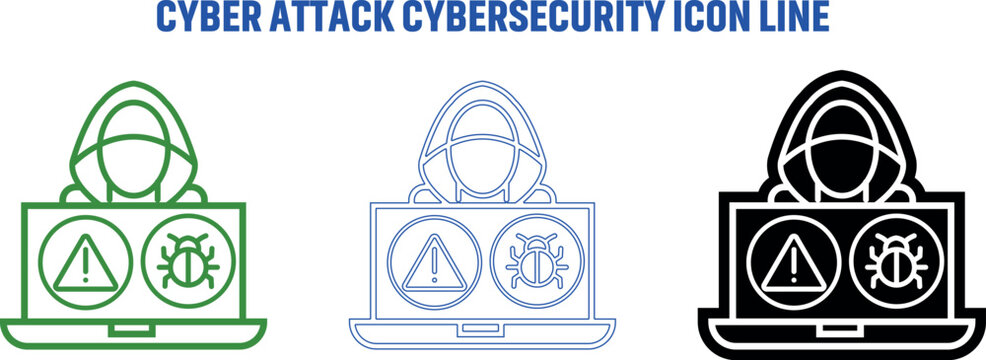 Set of cyber attack and cybersecurity line icons featuring a hacker working on a laptop computer