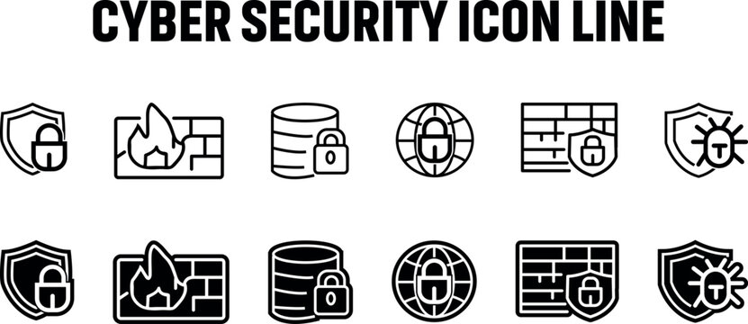 Set of cyber security line icons representing data protection firewall network safety and digital privacy concepts