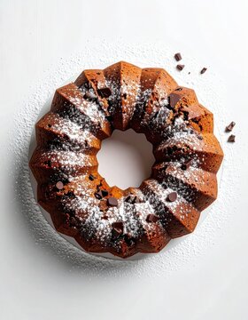 Rich chocolate bundt cake dusted with powdered sugar and chocolate chips