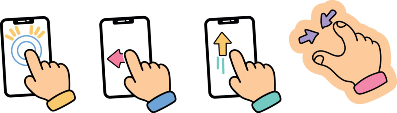 Set of hand gestures demonstrating common touch screen interactions on a smartphone for mobile user interface design