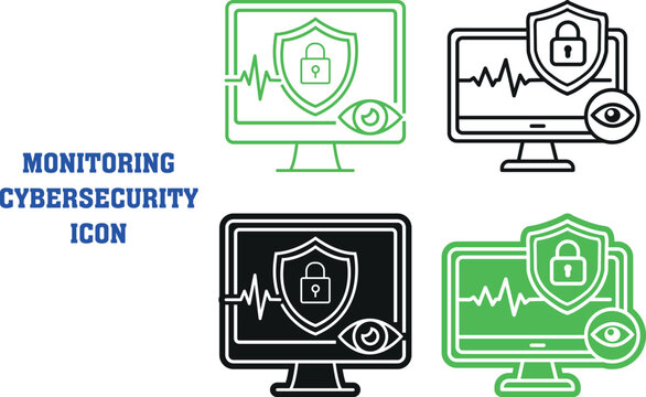 Set of cybersecurity monitoring icons featuring computer screens with security shields locks and digital eye surveillance symbols