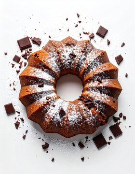 Fluted bundt cake, dusted with powdered sugar and scattered chocolate pieces