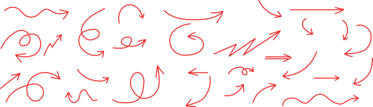 Red doodle arrows set with curved straight and swirl arrow designs