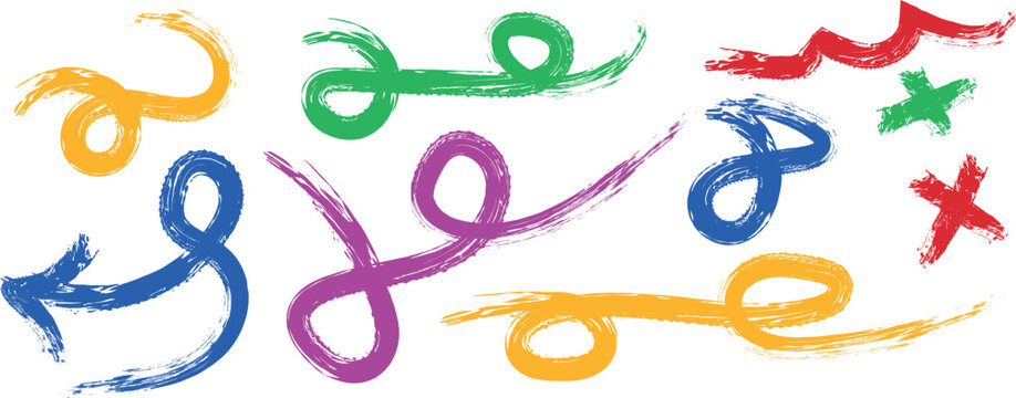 Abstract collection of colorful hand drawn scribble loops and swirling lines on a white background