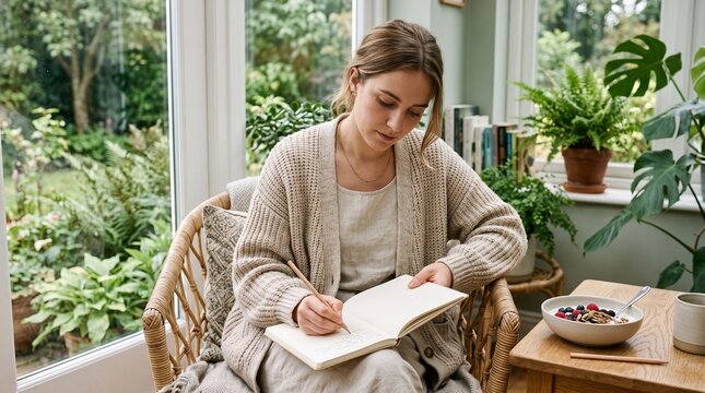Quiet breakfast pause with a paper notebook before the workday