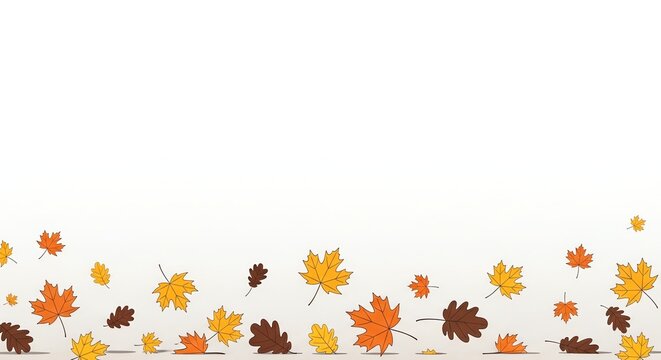 Colorful autumn maple and oak leaves falling on bottom border with white background, flat vector illustration style, seasonal foliage design, festive atmosphere