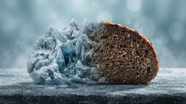 Conceptual image of bread transforming into a mountain glacier