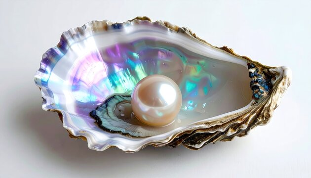 Lustrous pearl rests in iridescent, open seashell on white background