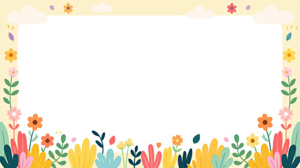 Fototapeta premium Spring floral frame with colorful cartoon garden plants and clouds on yellow background.