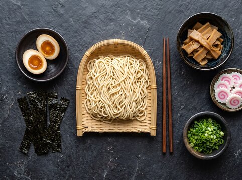 Arrangement of raw ramen ingredients including noodles bamboo shoots nori and soft boiled eggs