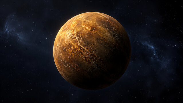 Golden rocky exoplanet glowing against starry deep space with textured surface dramatic shadows and mysterious alien world atmosphere in cinematic realistic astronomical background