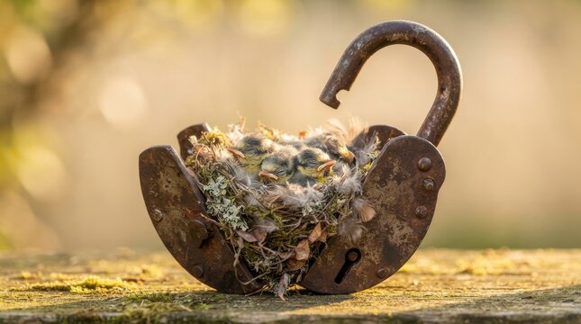 Baby birds in a nest inside an old rusty padlock
