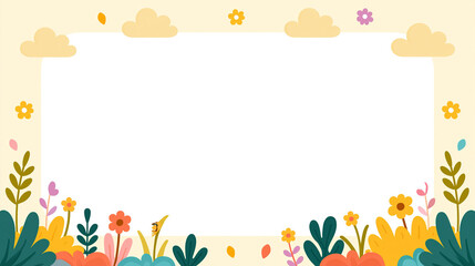 Fototapeta premium Springtime garden frame featuring cartoon meadow flowers and clouds on light backdrop.