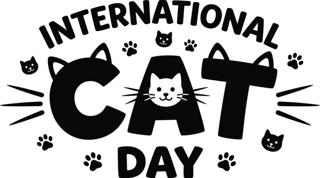 International cat day typography banner lettering with cat ears paws and whiskers silhouette vector illustration