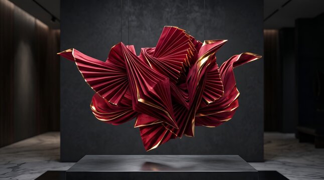 Abstract red fabric sculpture with gold edges suspended in modern dark interior gallery setting