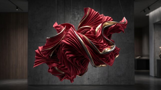 Floating red and gold fabric installation with intricate folds in dark contemporary room