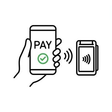 Contactless mobile payment icon with hand holding smartphone near POS terminal, wireless NFC technology for digital wallet transactions, secure electronic pay system for retail and e-commerce.