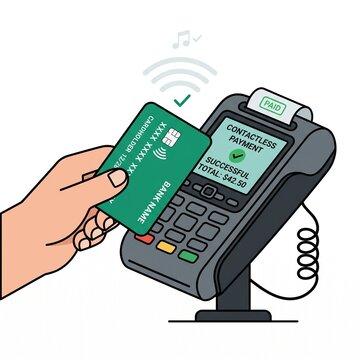 Contactless payment with credit card and POS terminal, successful transaction on electronic card reader machine, hand holding green debit card for wireless NFC banking and retail checkout