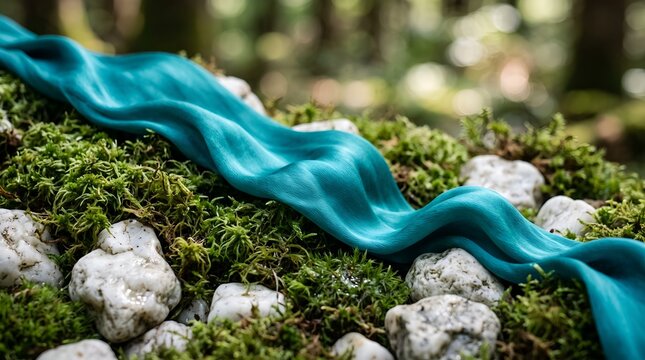 Luxurious teal satin cloth flowing over mossy ground with white river rocks in forest
