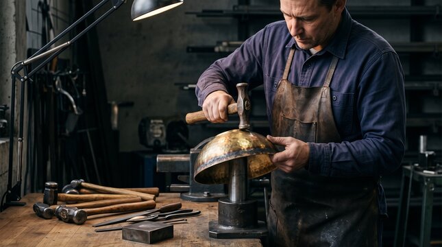 Artisan hand hammers a brass pendant shade at the workbench