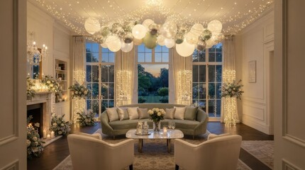 Obraz premium Elegant living room decorated with balloons and fairy lights for a special occasion