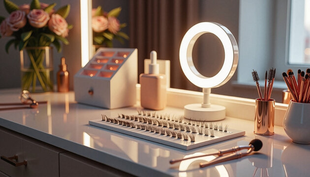 Professional eyelash extension workstation with lash tools and supplies, closeup of professional lashmaker tools work