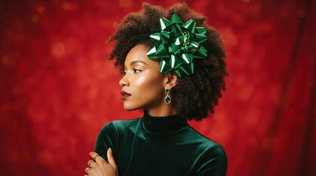 Elegant woman with festive green bow in her hair and matching jewelry