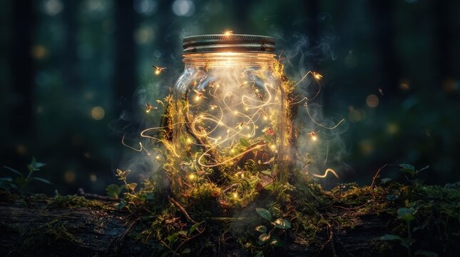 Fireflies in a glass jar glowing in a forest