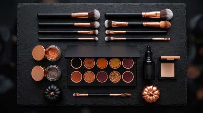 Luxury makeup collection with brushes, eyeshadow palette, and skincare serum