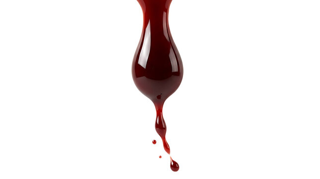 A single thick droplet of dark red blood dripping down in a vertical motion presented as an isolated on transparent background