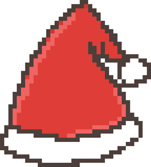 Fototapeta premium Pixel art classic red and white Santa Claus hat icon for Christmas holiday, vector graphic element for postcard design, greeting card, digital sticker, paper craft, printable art
