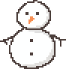 Fototapeta premium Pixel art cute cartoon white snowman character with wooden twig arms for Christmas holiday, vector graphic element for postcard design, greeting card, digital sticker, paper craft, printable art